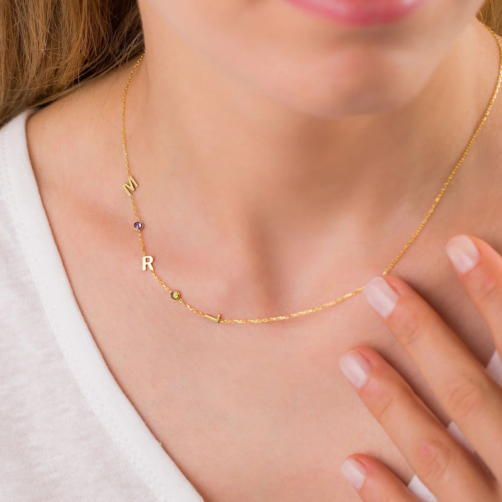 Multiple Initials Birthstones Necklace: Personalized Letter Jewelry