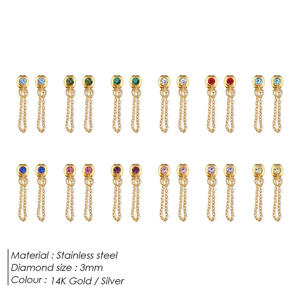 Birthstone & Chain Earrings – Personalized Gold & Silver Earrings