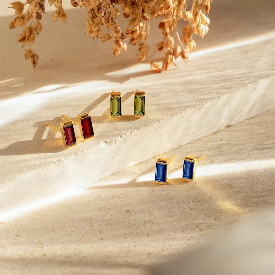 Birthstone Cubic Stud Earrings – Gold-Plated Colorful Crystal Earrings