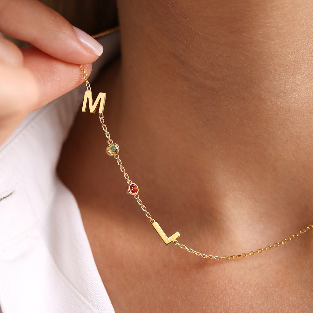 Multiple Initials Birthstones Necklace: Personalized Letter Jewelry