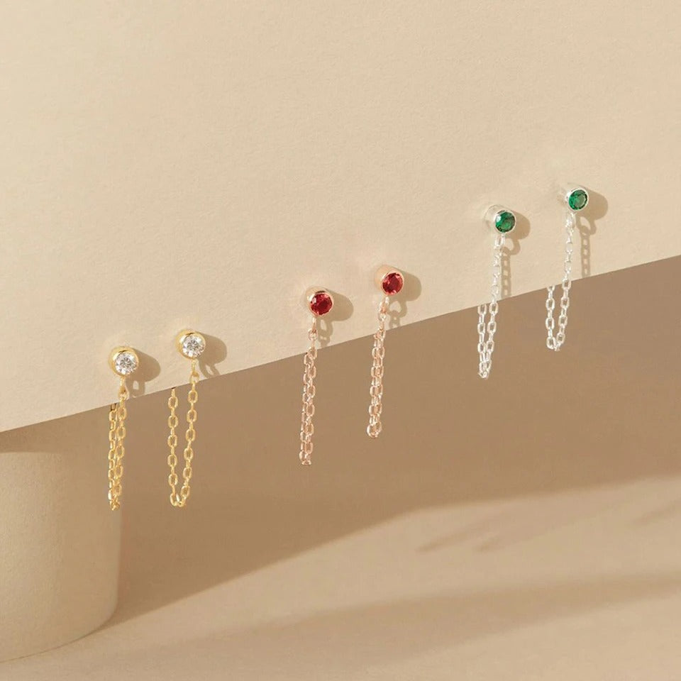 Birthstone & Chain Earrings – Personalized Gold & Silver Earrings