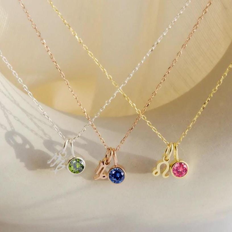 Personalized Birthstone Constellation Necklace: 18k Gold Double Pendant