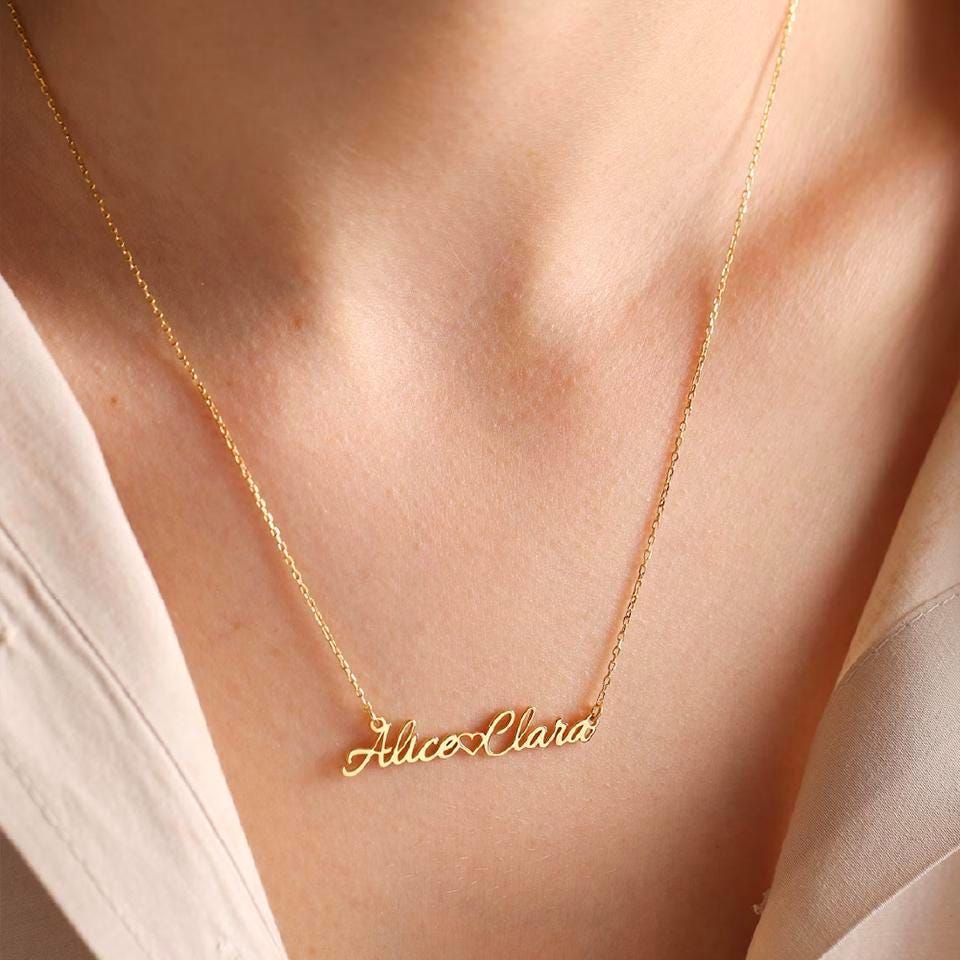 Personalized Double Name Necklace with Heart: 18K Gold Plated or Silver Custom Jewelry