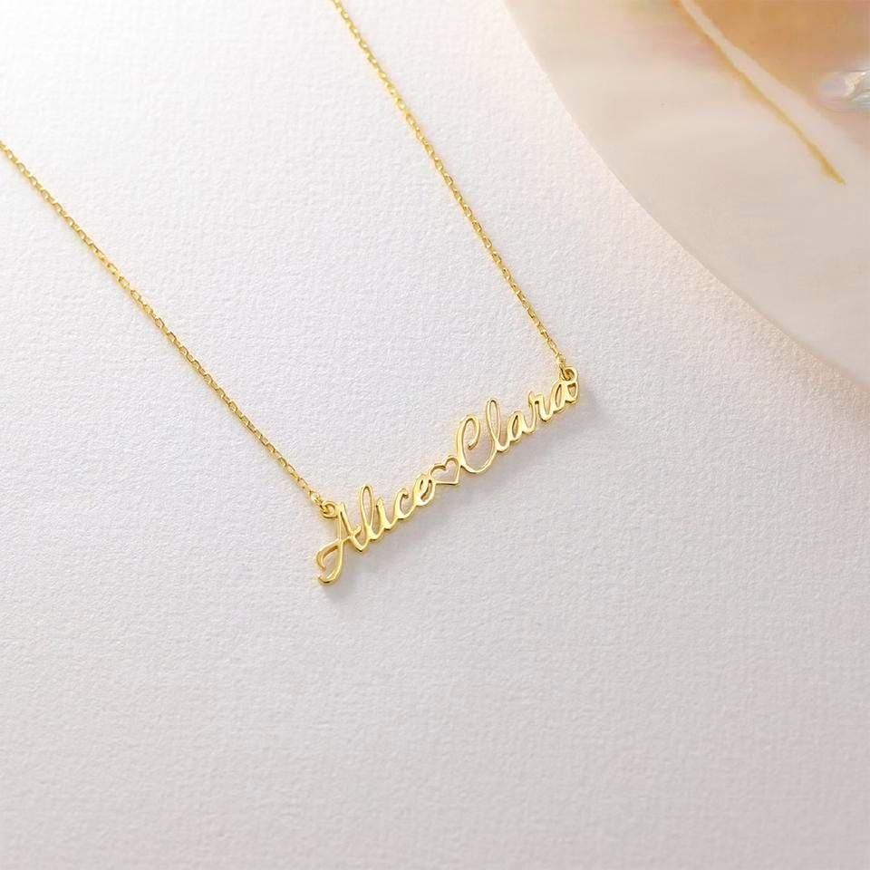 Personalized Double Name Necklace with Heart: 18K Gold Plated or Silver Custom Jewelry