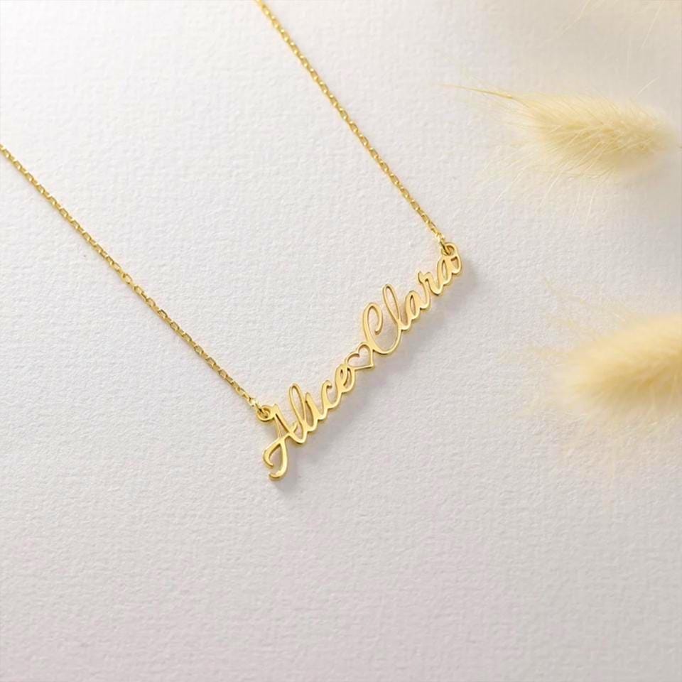 Personalized Double Name Necklace with Heart: 18K Gold Plated or Silver Custom Jewelry