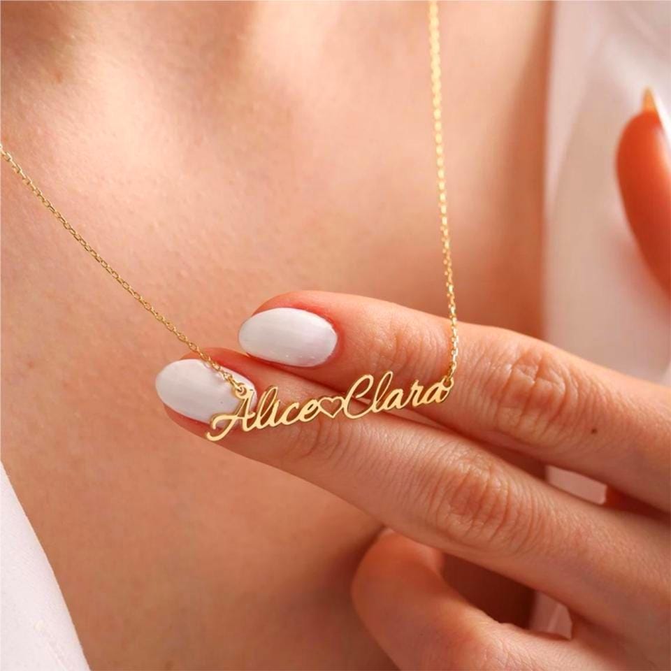 Personalized Double Name Necklace with Heart: 18K Gold Plated or Silver Custom Jewelry