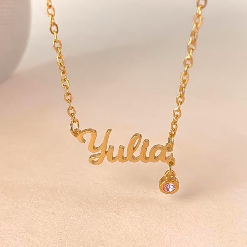 Personalized Birthstone Name Necklace: 18K Gold or Silver Plated, Custom Pendant