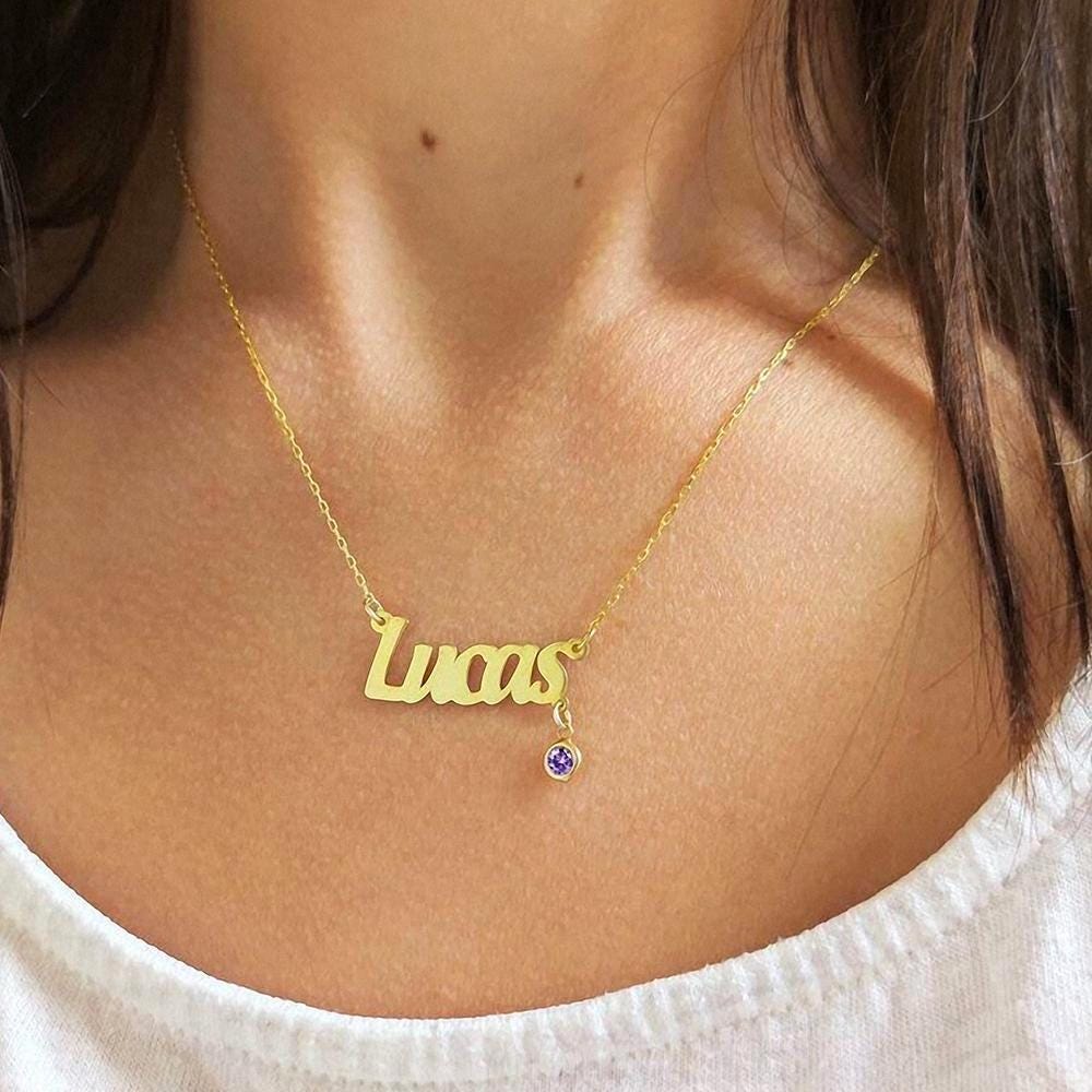 Personalized Birthstone Name Necklace: 18K Gold or Silver Plated, Custom Pendant