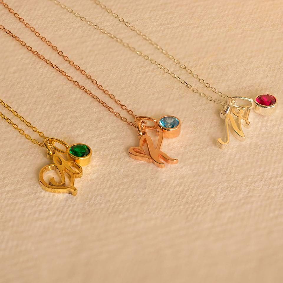 Personalized Initial Birthstone Necklace: Gold or Silver Custom Letter Pendant