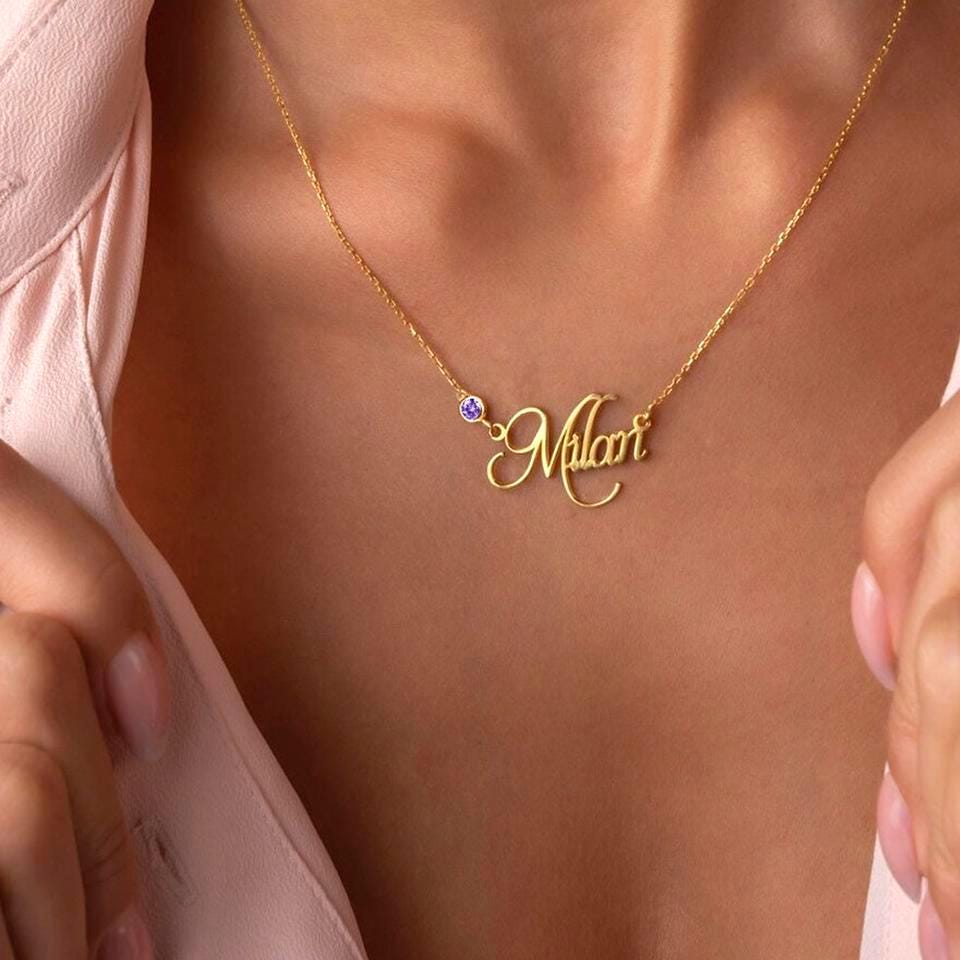Personalized Birthstone Name Necklace: Silver & Gold Jewelry
