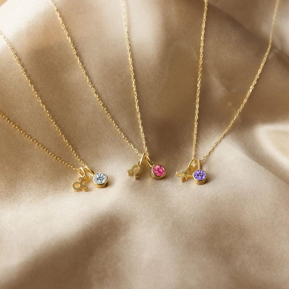 Personalized Birthstone Constellation Necklace: 18k Gold Double Pendant