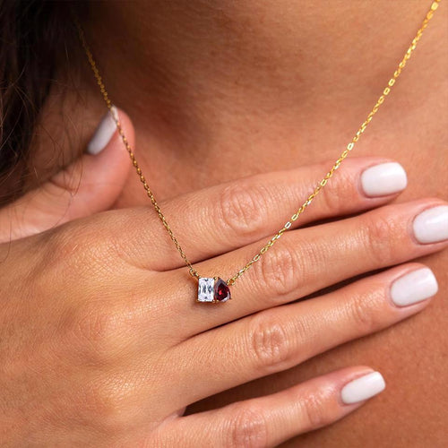 Custom Birthstone Necklace: Emerald & Pear Cut 18k Gold Pendant
