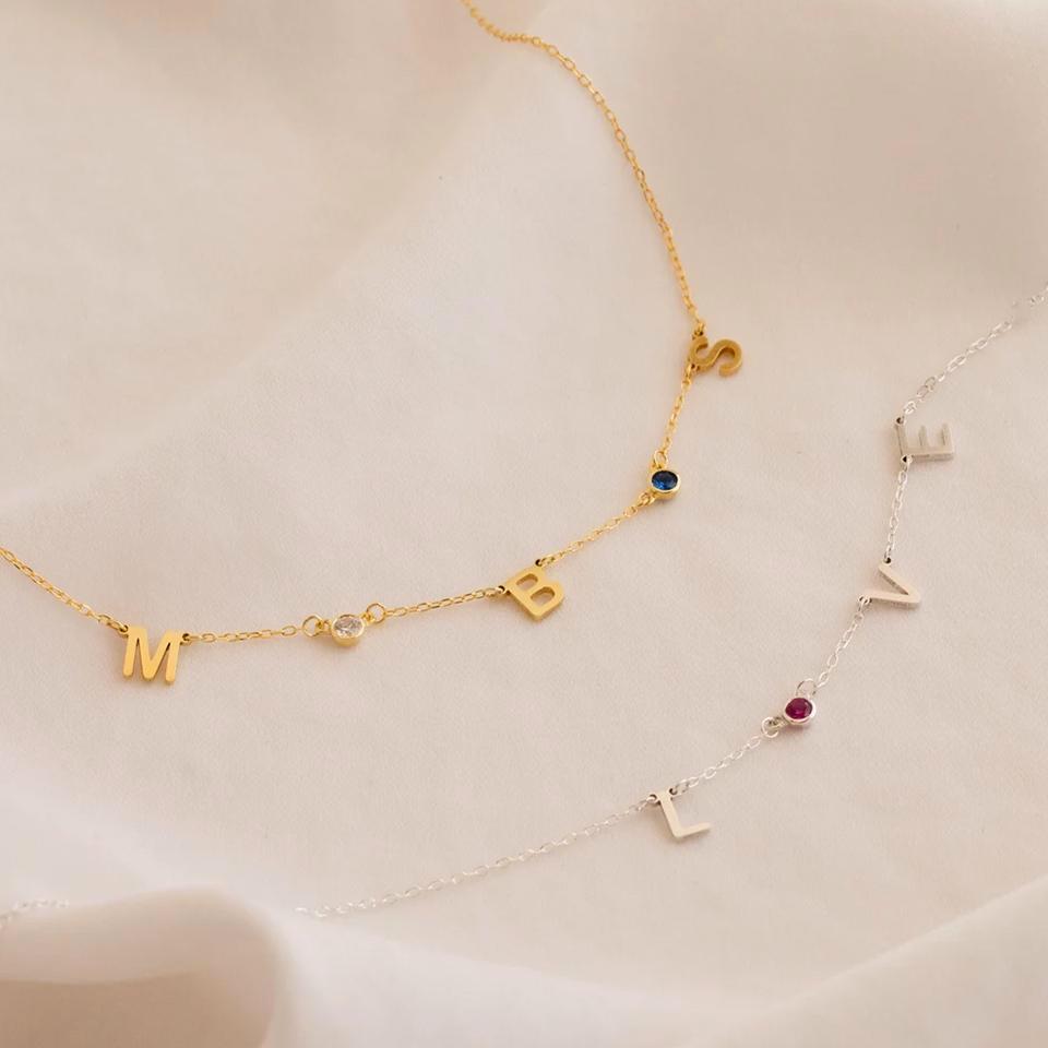 Personalized Birthstone Initial Necklace: Silver & Gold Custom Letter Jewelry