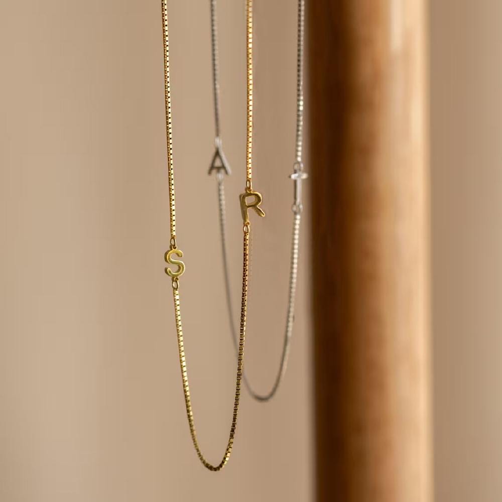 Personalized Sideways Initial Necklace: Sterling Silver and Gold