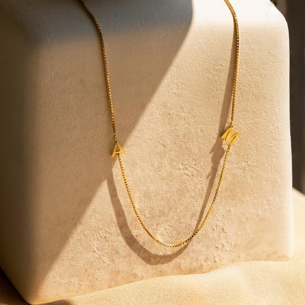 Personalized Sideways Initial Necklace: Sterling Silver and Gold