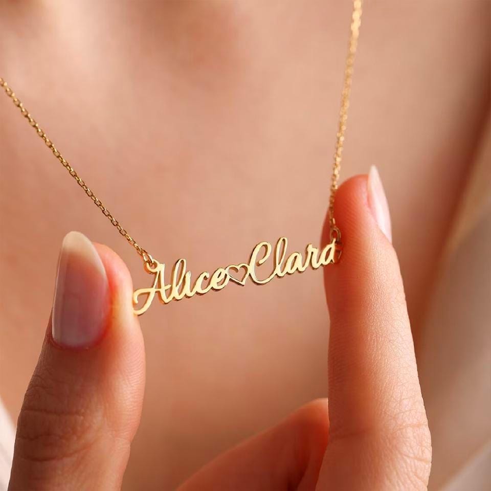 Personalized Double Name Necklace with Heart: 18K Gold Plated or Silver Custom Jewelry