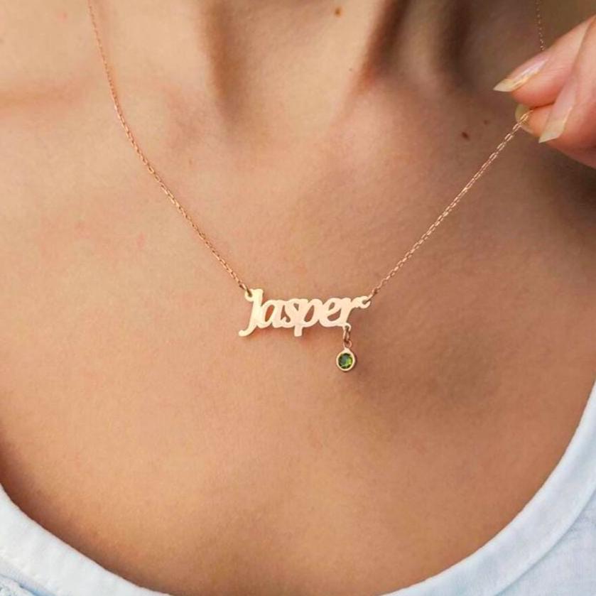 Personalized Birthstone Name Necklace: 18K Gold or Silver Plated, Custom Pendant