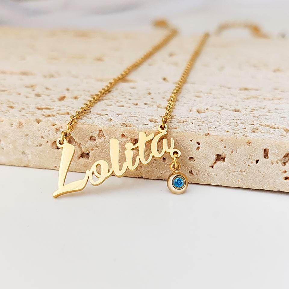 Personalized Birthstone Name Necklace: 18K Gold or Silver Plated, Custom Pendant