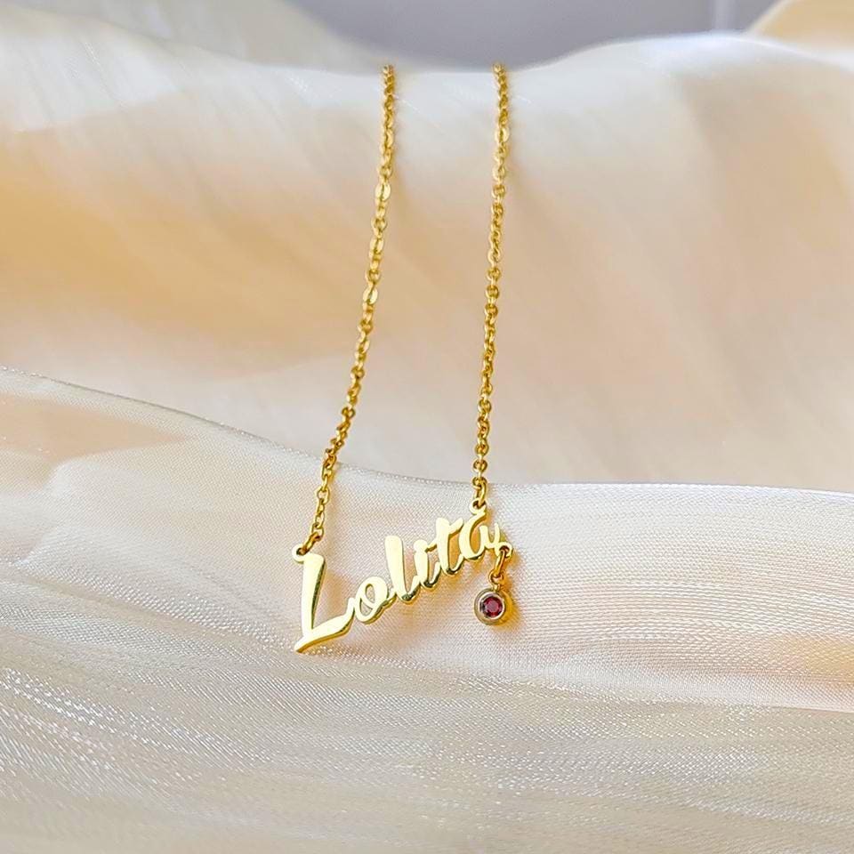 Personalized Birthstone Name Necklace: 18K Gold or Silver Plated, Custom Pendant