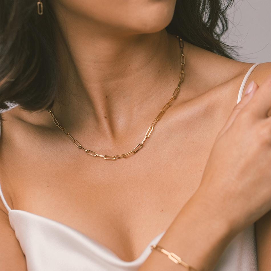 Waterproof Paperclip Link Chain, Women Gold Necklace, Elegant Everyday Wear Jewelry • CHNEC1