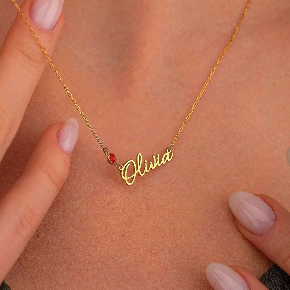 Personalized Birthstone Name Necklace: Silver & Gold Jewelry