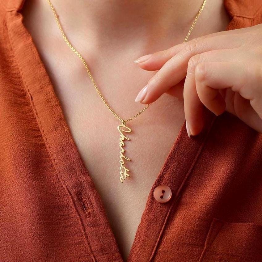 Personalized Vertical Name Necklace: 18K Gold & Silver Plated Custom Pendant