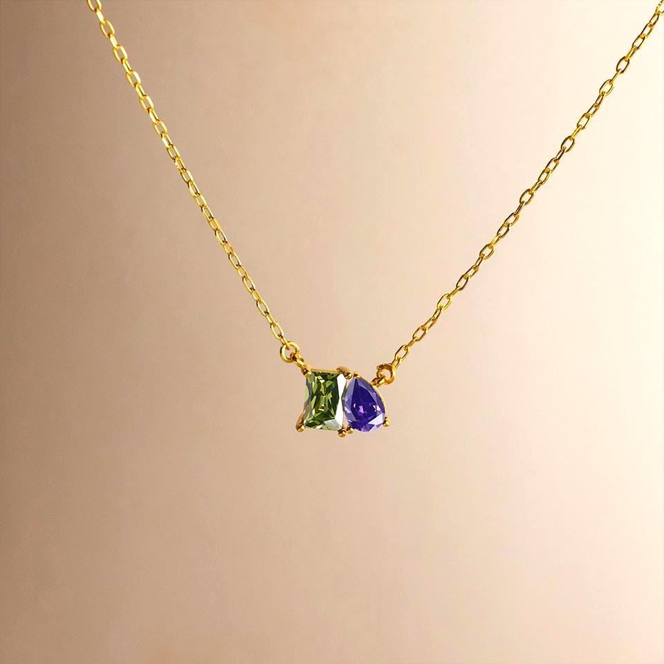 Custom Birthstone Necklace: Emerald & Pear Cut 18k Gold Pendant