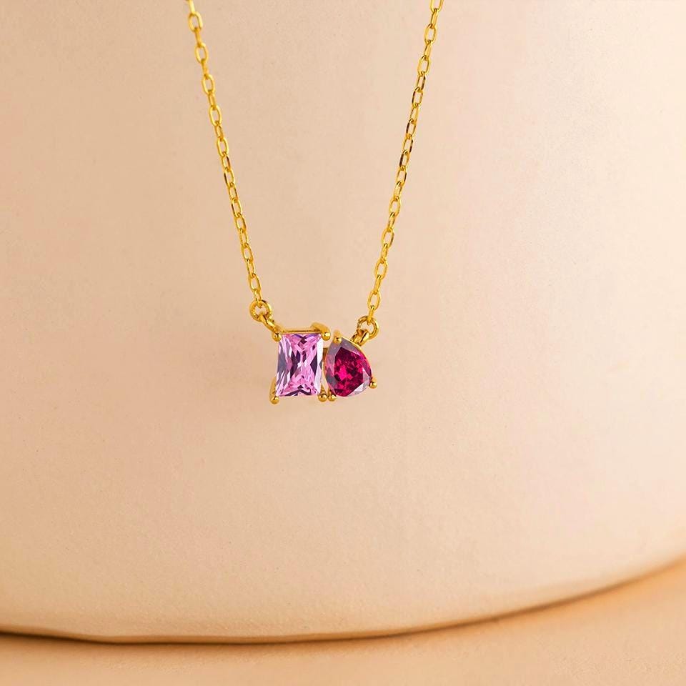 Custom Birthstone Necklace: Emerald & Pear Cut 18k Gold Pendant