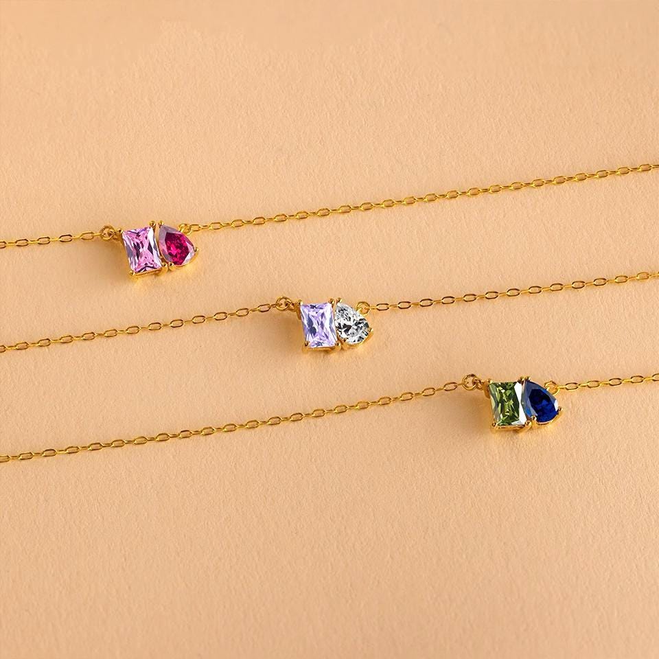 Custom Birthstone Necklace: Emerald & Pear Cut 18k Gold Pendant