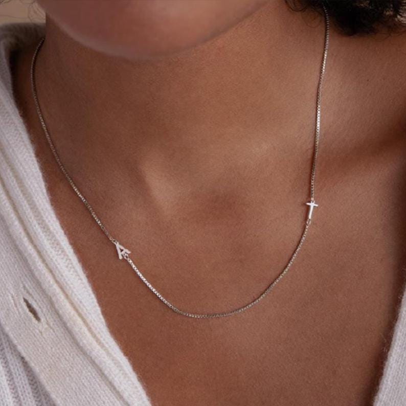 Personalized Sideways Initial Necklace: Sterling Silver and Gold