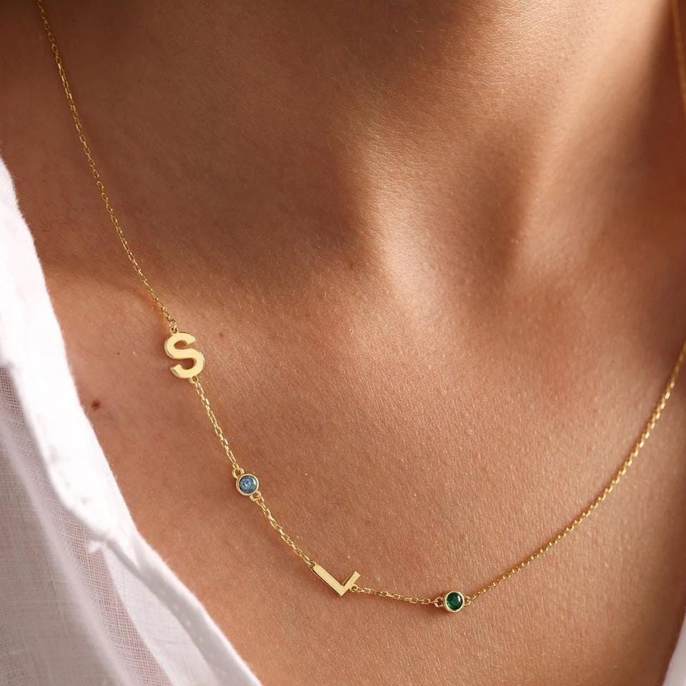 Multiple Initials Birthstones Necklace: Personalized Letter Jewelry