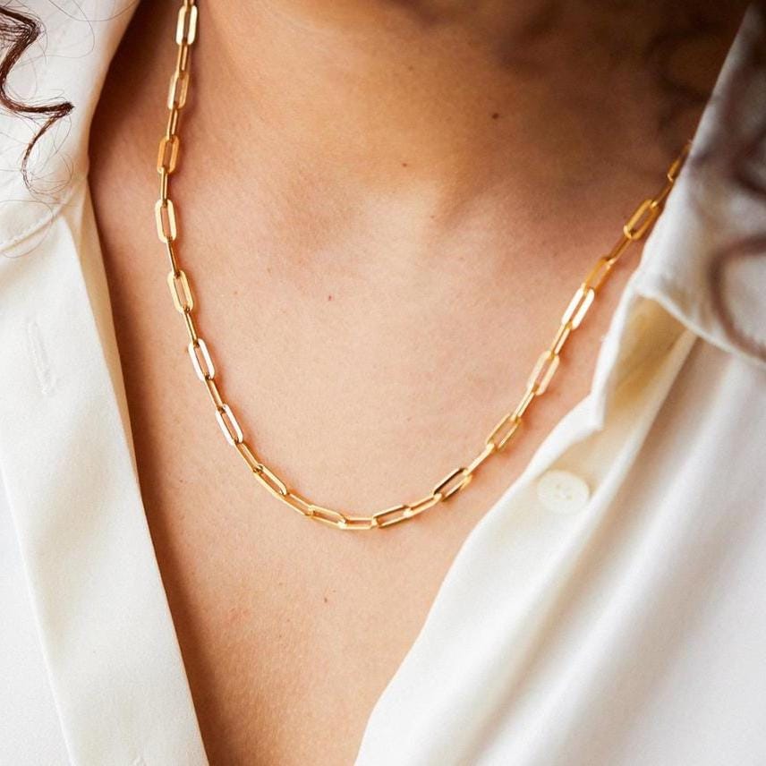 Waterproof Paperclip Link Chain, Women Gold Necklace, Elegant Everyday Wear Jewelry • CHNEC1