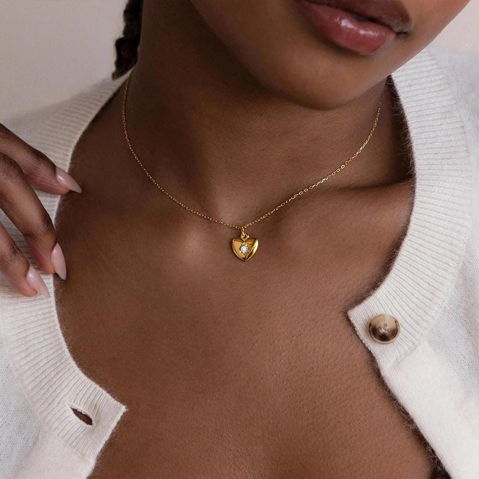 Dainty Birthstone Heart Necklace: Sterling Silver or Gold