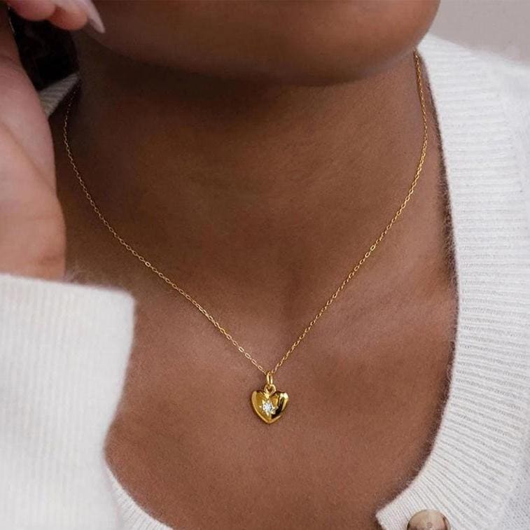 Dainty Birthstone Heart Necklace: Sterling Silver or Gold