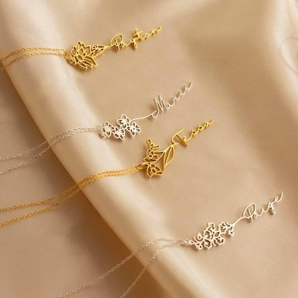 Custom Birth Flower Name Necklace: Personalized Jewelry Gift