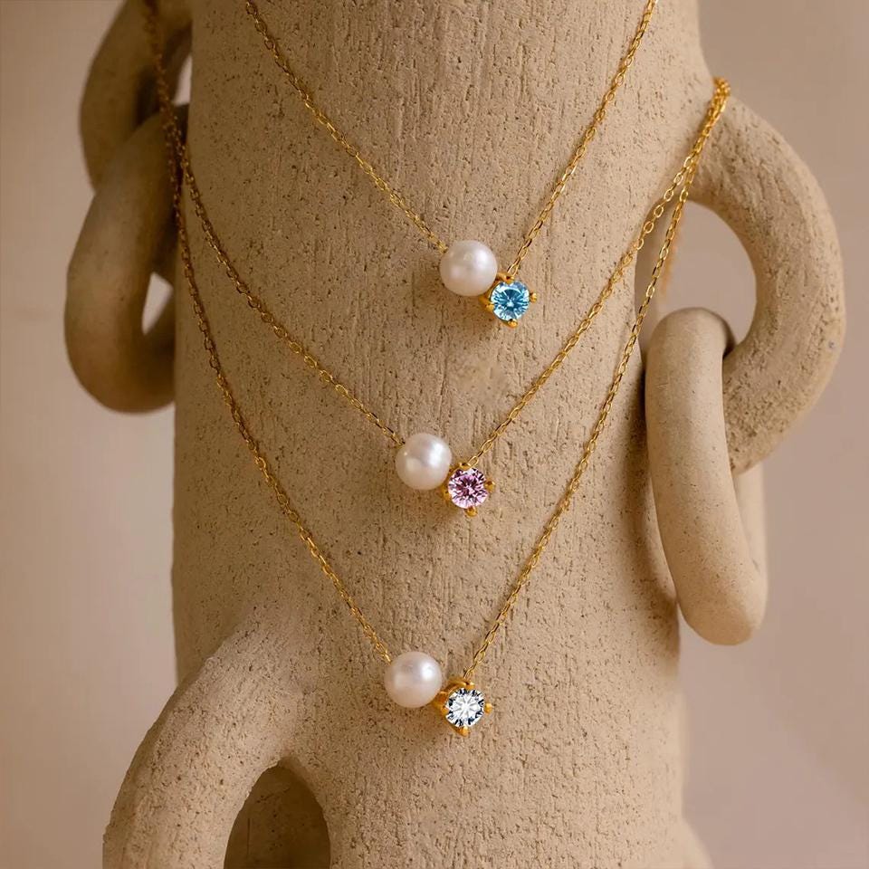 Custom Pearl Gemstone Necklace, Personalized Birthstone Charm Pendant, Vintage Jewelry , Gifts for Her • BRPENEC
