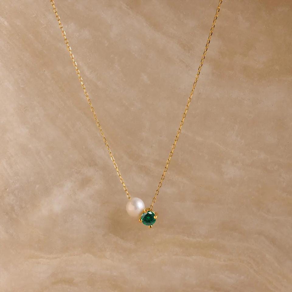 Custom Pearl Gemstone Necklace, Personalized Birthstone Charm Pendant, Vintage Jewelry , Gifts for Her • BRPENEC