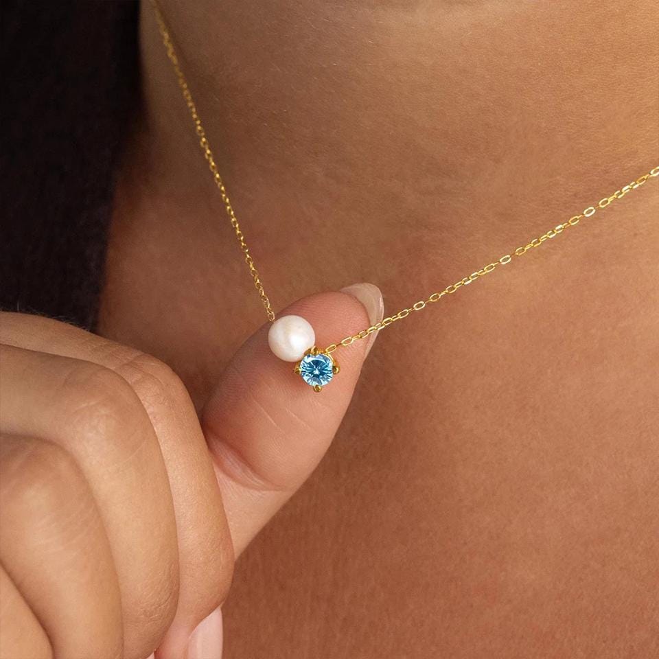 Custom Pearl Gemstone Necklace, Personalized Birthstone Charm Pendant, Vintage Jewelry , Gifts for Her • BRPENEC