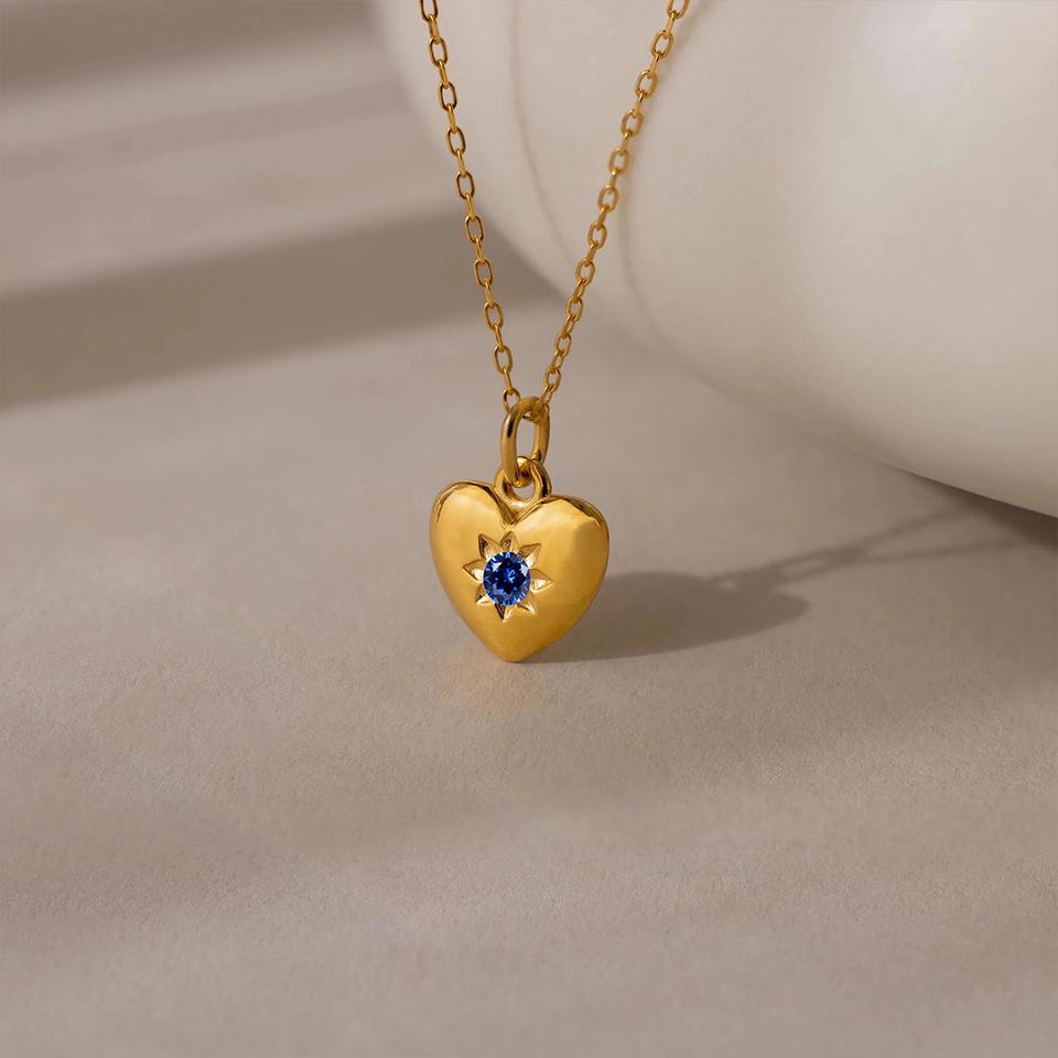 Dainty Birthstone Heart Necklace: Sterling Silver or Gold