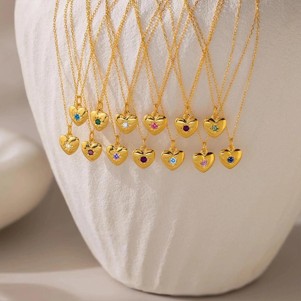 Dainty Birthstone Heart Necklace: Sterling Silver or Gold