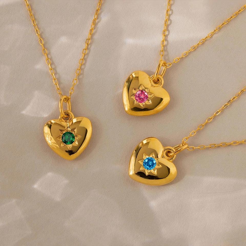Dainty Birthstone Heart Necklace: Sterling Silver or Gold