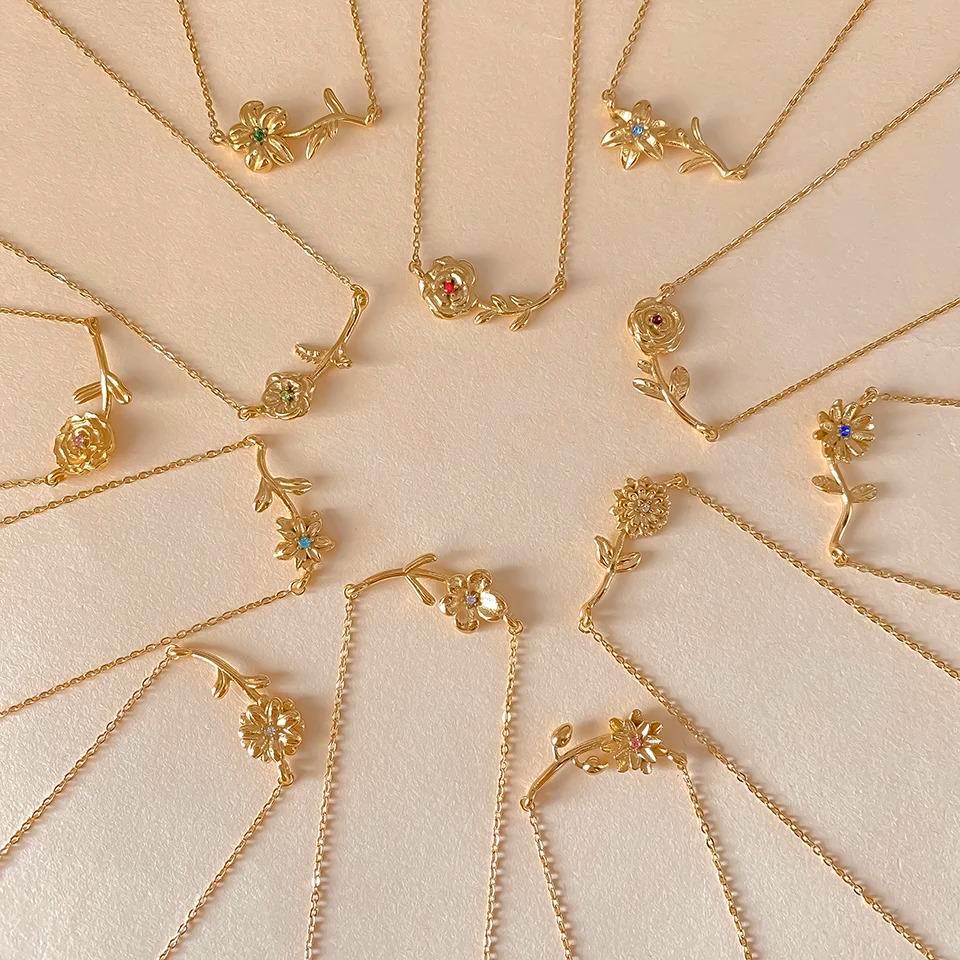 Personalized Birthstone Flower Necklace: Silver & Gold Custom Jewelry